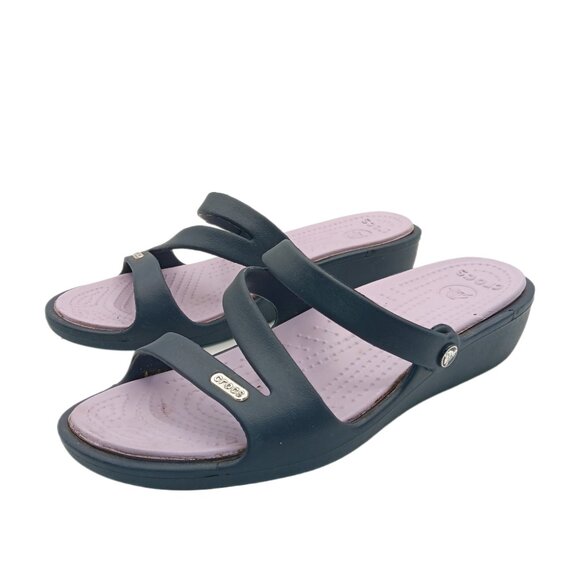 Crocs Patricia Wedge Sandals Womens 7 Navy Blue Strappy Comfort Slip On Slides - Picture 1 of 5